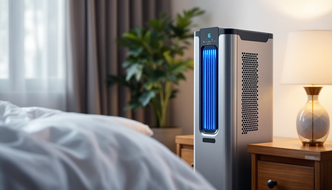 FrostWinner tower cooler on a nightstand in a bedroom
