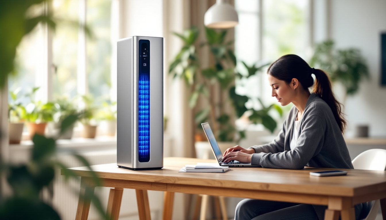 The FrostWinner tower cooler running in a sunlit room