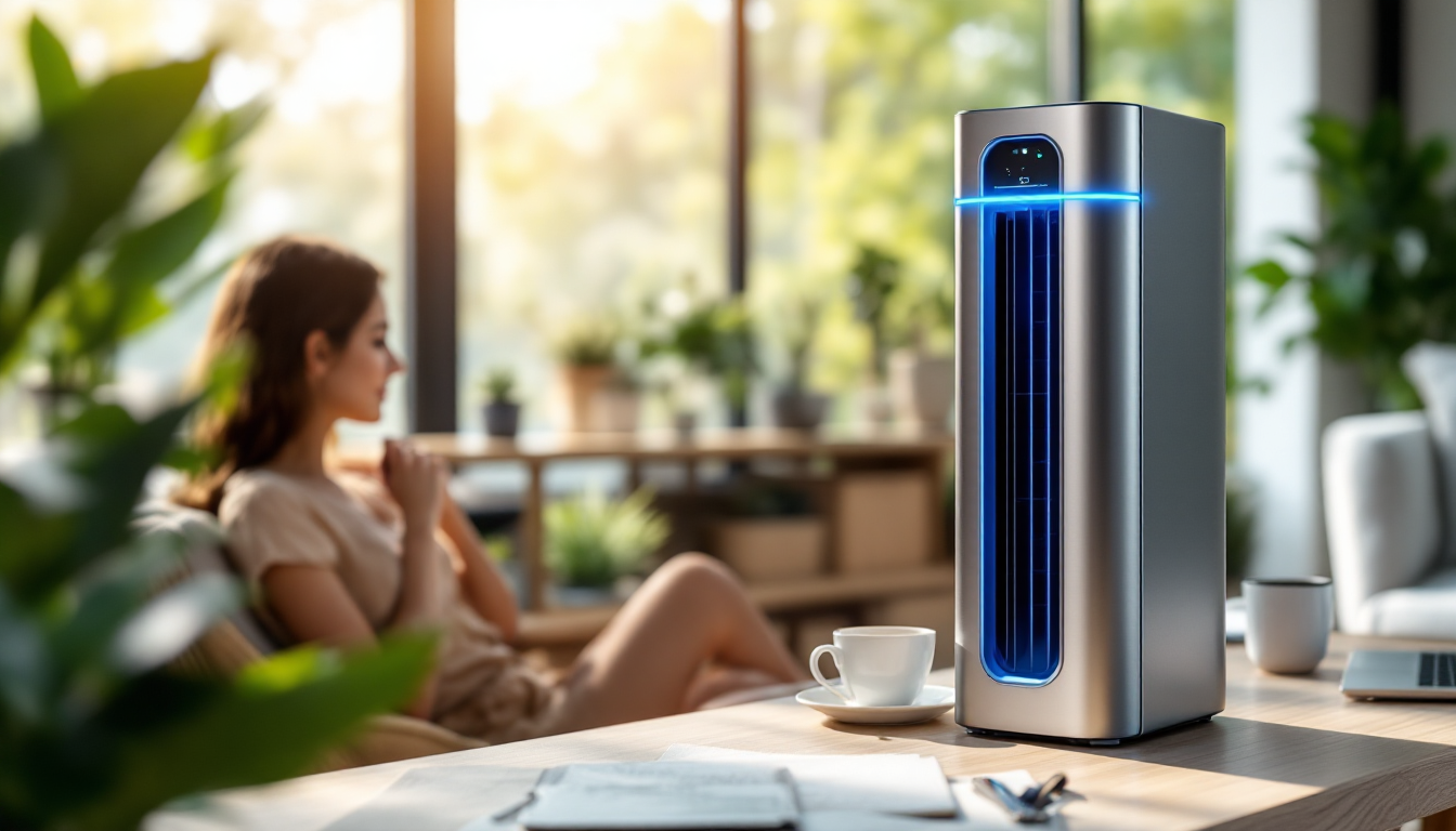 FrostWinner tower cooler on a desk in a home office